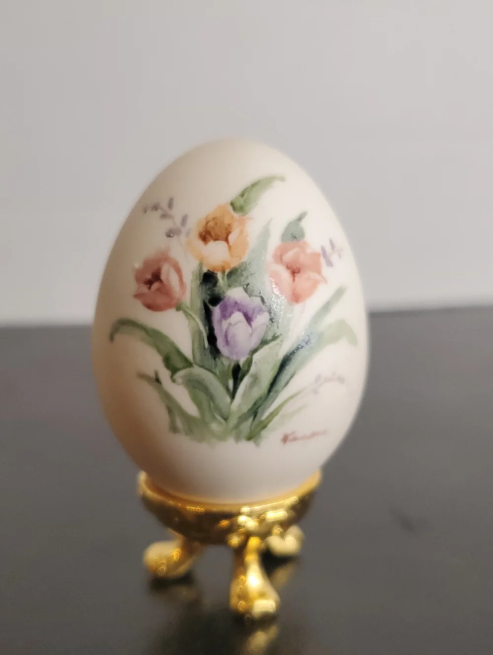 Hand-Painted Floral Porcelain Egg Ornament On Gold Tone Plated Stands (Set of 2)